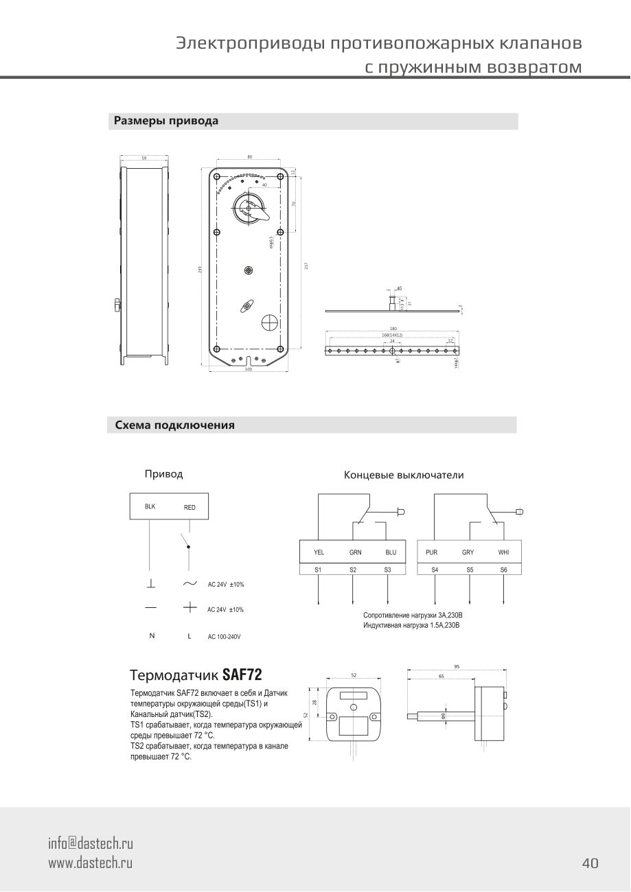 Размеры и схема подключения электропривода Dastech FR-20N220ST